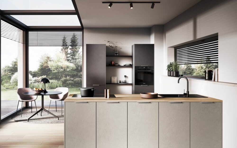 Häcker Moderne Inselküche Zement hell