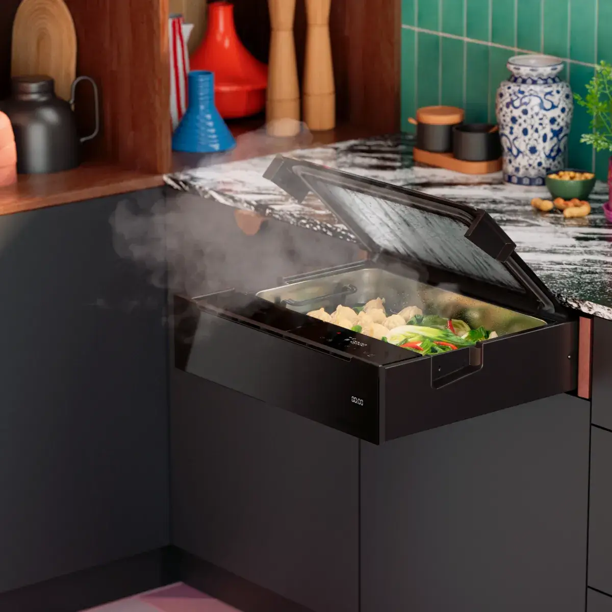 neff-dampfschublade-schwarz-dampfgaren-geoeffnet